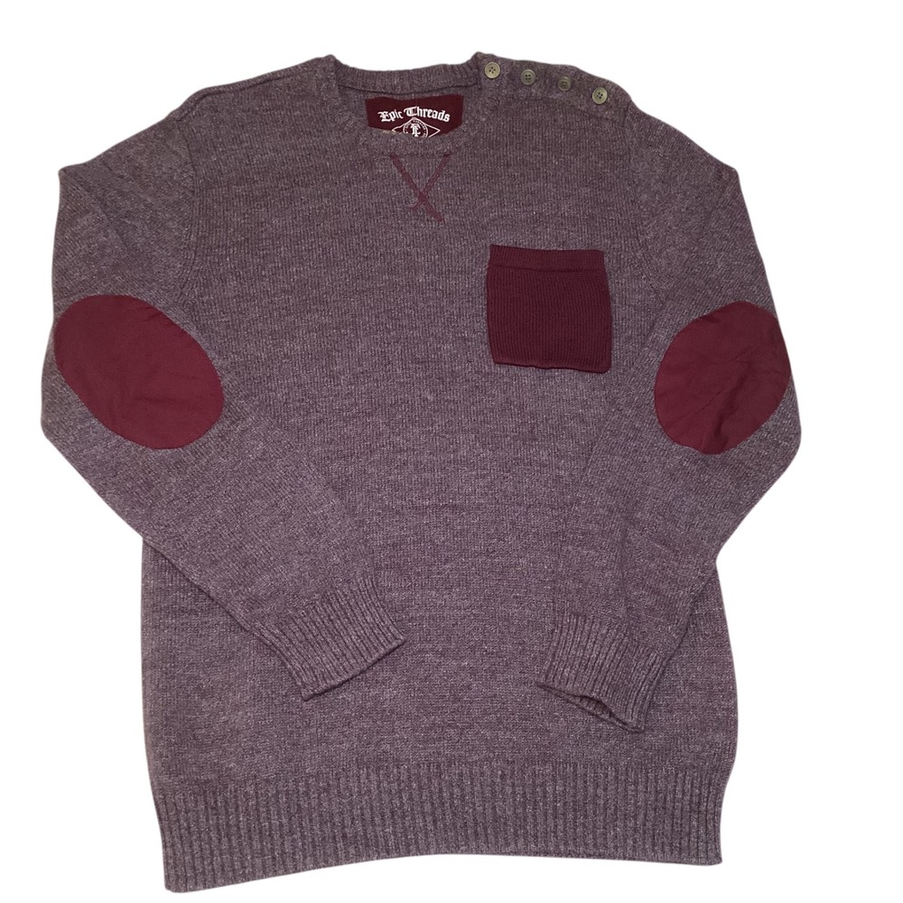 Epic Threads Knit Sweater XL Burgundy Elbow Patches Pocket Crew Neck 100% Cotton